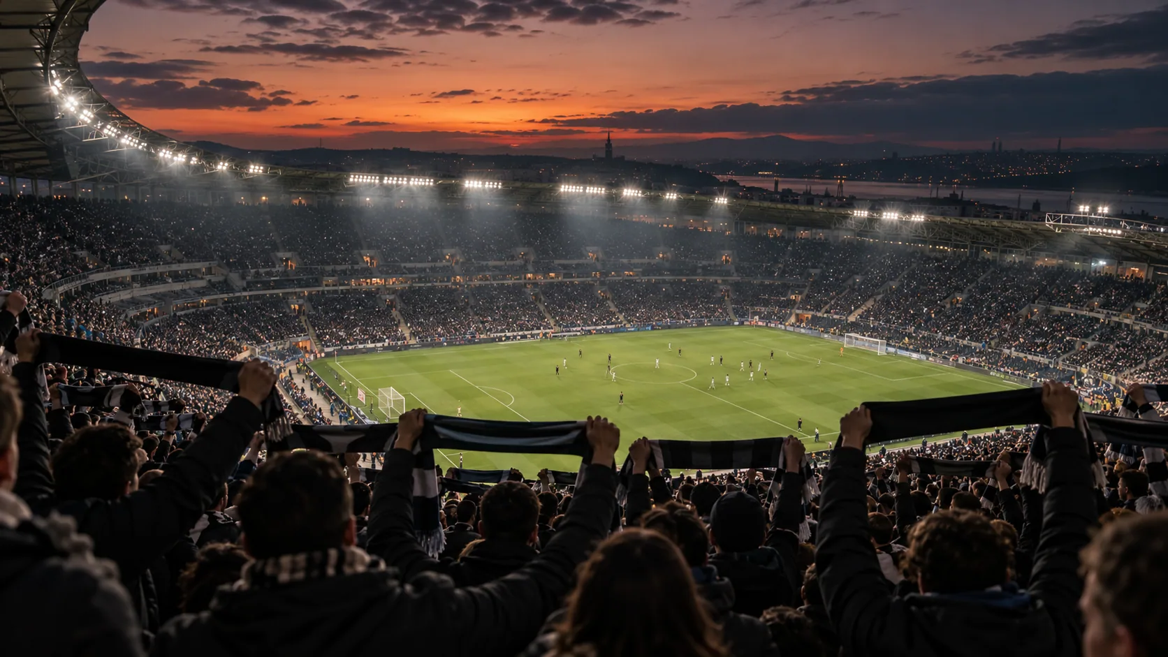 Akşam ışığında tribün ve saha; yapay zekâ ile oluşturulmuş demo fotoğraf